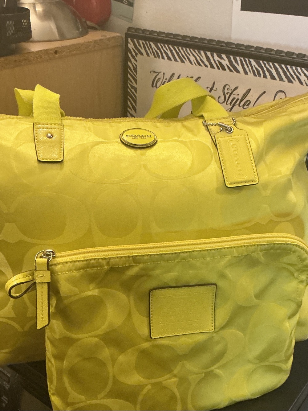 Coach Yellow Signature Jacquard Tote weekender with Matching Pouch